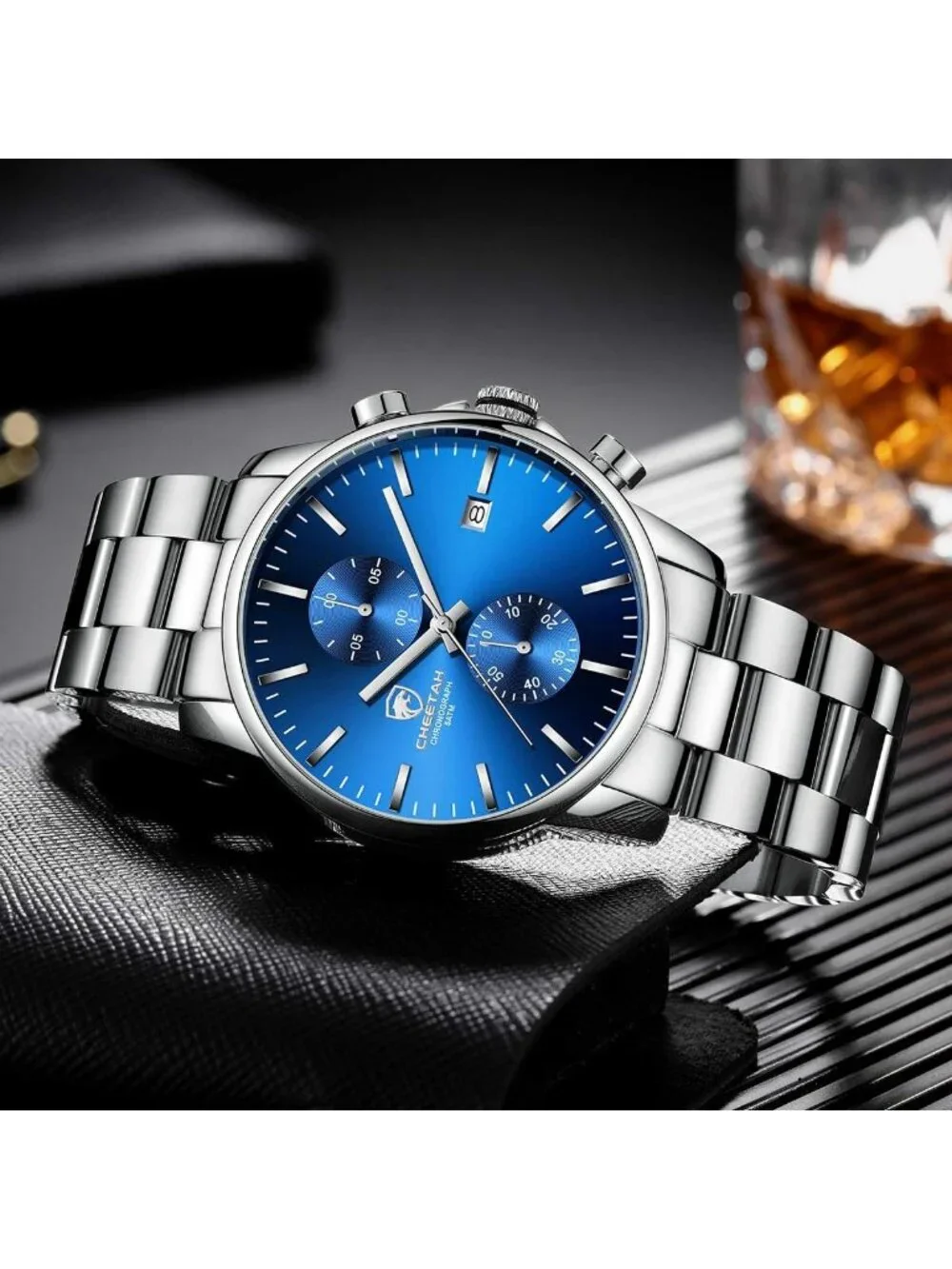 Men's Silver Blue Stainless Steel Waterproof Chronograph Quartz Wrist Watch